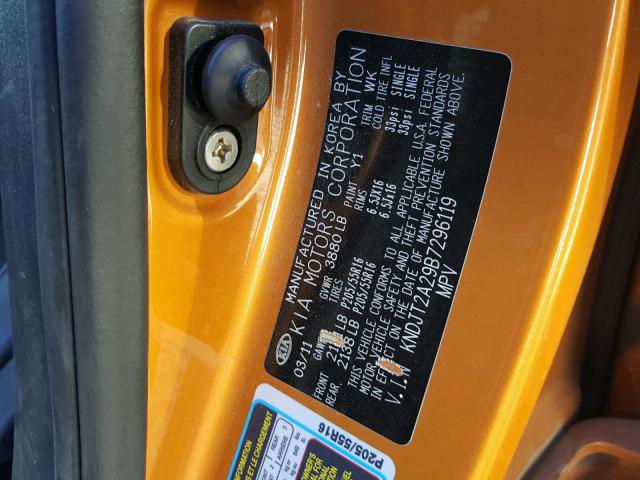 KNDJT2A29B7296119 - 2011 KIA SOUL + ORANGE photo 10