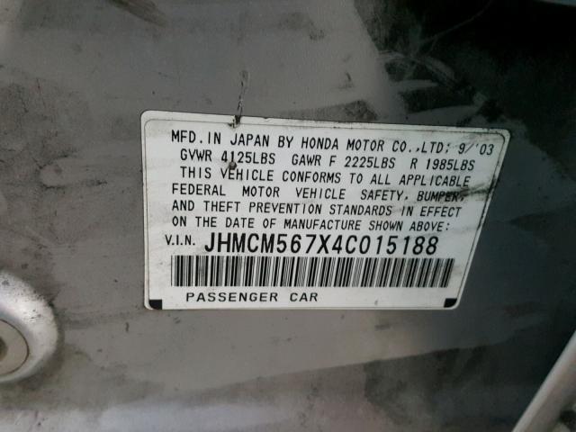 JHMCM567X4C015188 - 2004 HONDA ACCORD EX SILVER photo 10