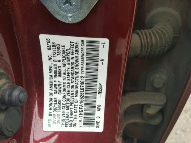 1HGFA16526L074612 - 2006 HONDA CIVIC LX BURGUNDY photo 10