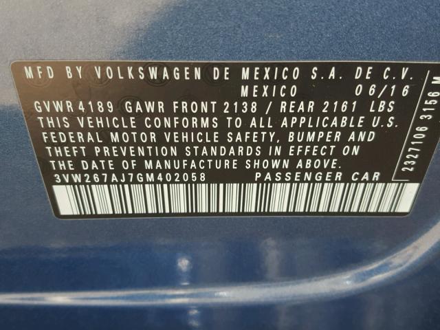 3VW267AJ7GM402058 - 2016 VOLKSWAGEN JETTA S 蓝色 照片 10