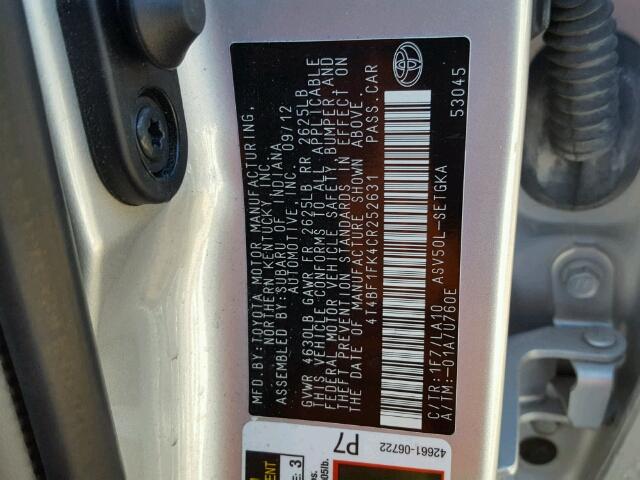 4T4BF1FK4CR252631 - 2012 TOYOTA CAMRY BASE SILVER photo 10