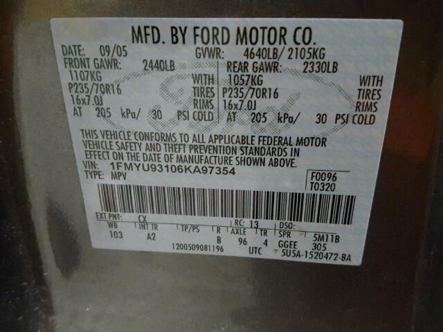 1FMYU93106KA97354 - 2006 FORD ESCAPE XLT GRAY photo 10