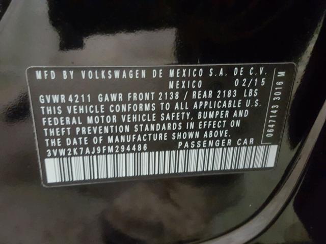 3VW2K7AJ9FM294486 - 2015 VOLKSWAGEN JETTA BASE BLACK photo 10