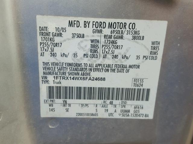 1FTRX14WX6FA24688 - 2006 FORD F150 SILVER photo 10