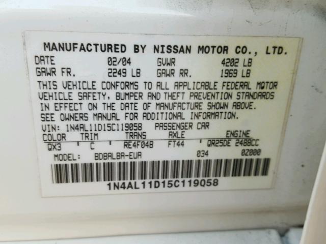 1N4AL11D15C119058 - 2005 NISSAN ALTIMA S WHITE photo 10