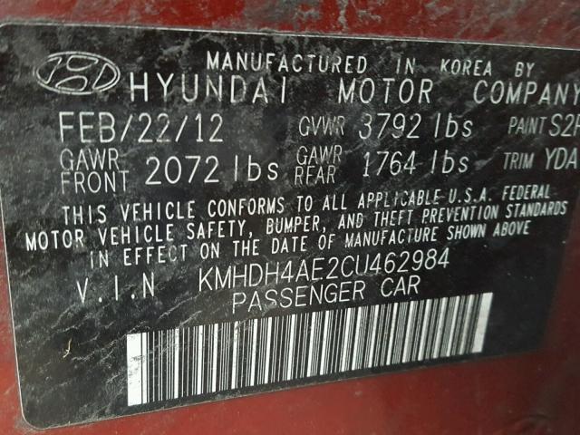 KMHDH4AE2CU462984 - 2012 HYUNDAI ELANTRA GL BURGUNDY photo 10