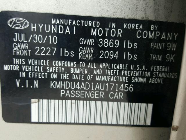 KMHDU4AD1AU171456 - 2010 HYUNDAI ELANTRA BL BEIGE photo 10