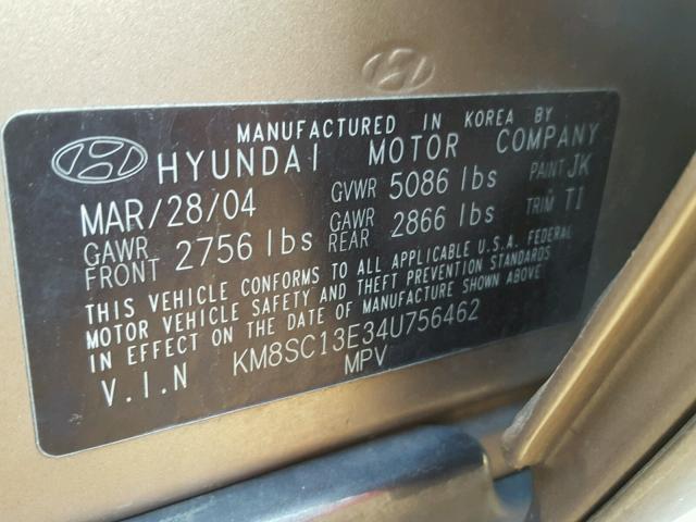 KM8SC13E34U756462 - 2004 HYUNDAI SANTA FE G GOLD photo 10