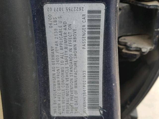 WVWBH63B41P021833 - 2001 VOLKSWAGEN PASSAT GLX BLUE photo 10