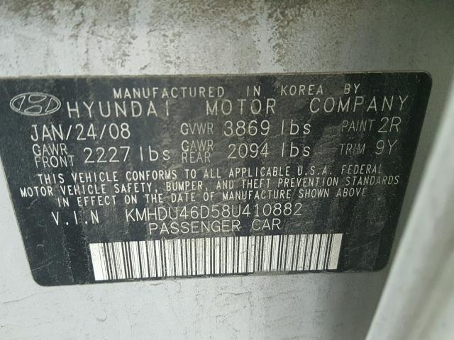 KMHDU46D58U410882 - 2008 HYUNDAI ELANTRA GL SILVER photo 10