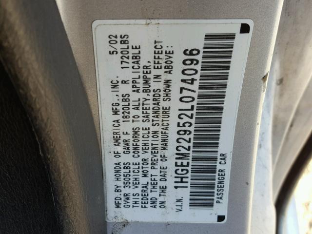 1HGEM22952L074096 - 2002 HONDA CIVIC EX SILVER photo 10