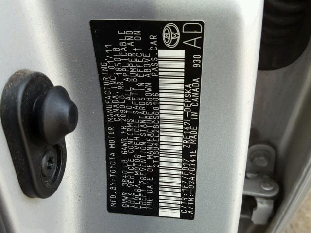 2T1BU4EE2BC568106 - 2011 TOYOTA COROLLA BA SILVER photo 10