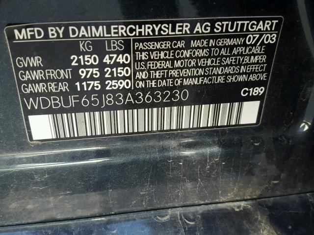 WDBUF65J83A363230 - 2003 MERCEDES-BENZ E 320 BLUE photo 10