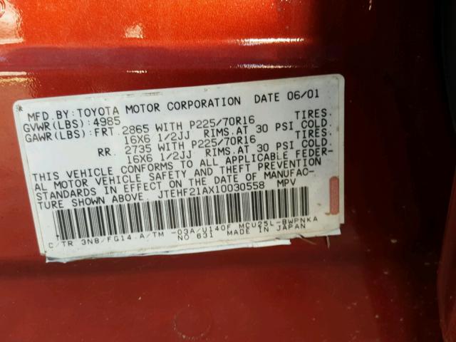 JTEHF21AX10030558 - 2001 TOYOTA HIGHLANDER RED photo 10