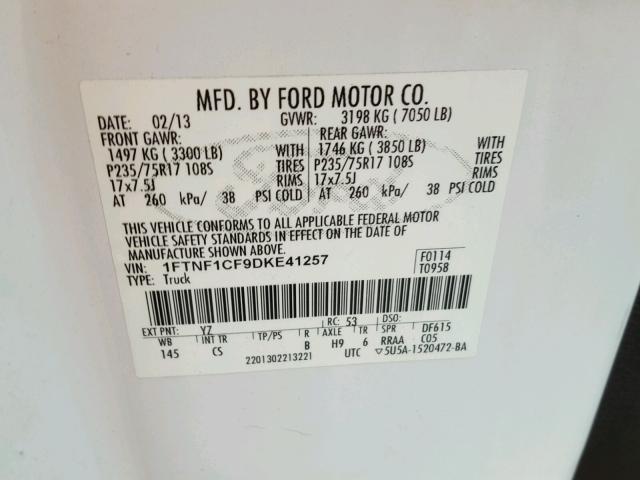 1FTNF1CF9DKE41257 - 2013 FORD F150 WHITE photo 10