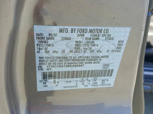 1FMCU04158KA66947 - 2008 FORD ESCAPE LIM SILVER photo 10