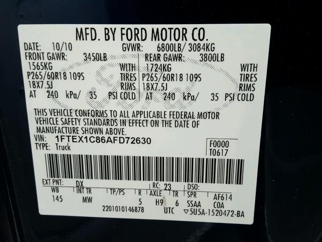 1FTEX1C86AFD72630 - 2010 FORD F150 SUPER BLUE photo 10