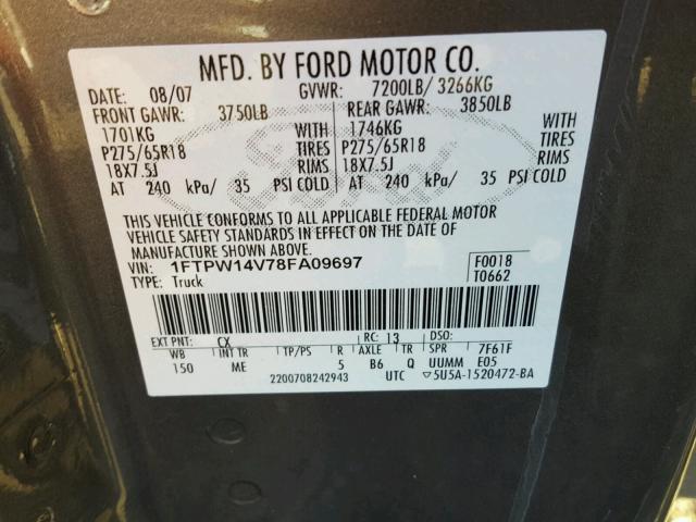 1FTPW14V78FA09697 - 2008 FORD F150 SUPER GRAY photo 10