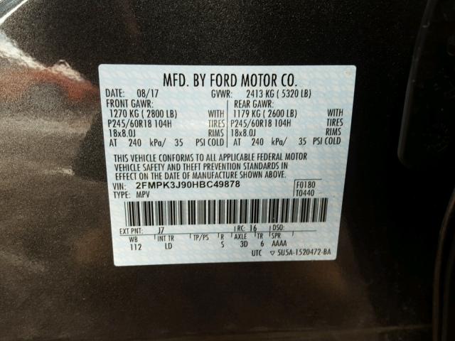 2FMPK3J90HBC49878 - 2017 FORD EDGE SEL CHARCOAL photo 10