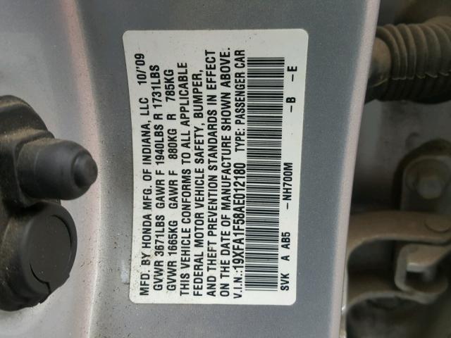 19XFA1F58AE012180 - 2010 HONDA CIVIC LX SILVER photo 10