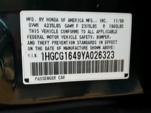 1HGCG1649YA026323 - 2000 HONDA ACCORD LX GREEN photo 10