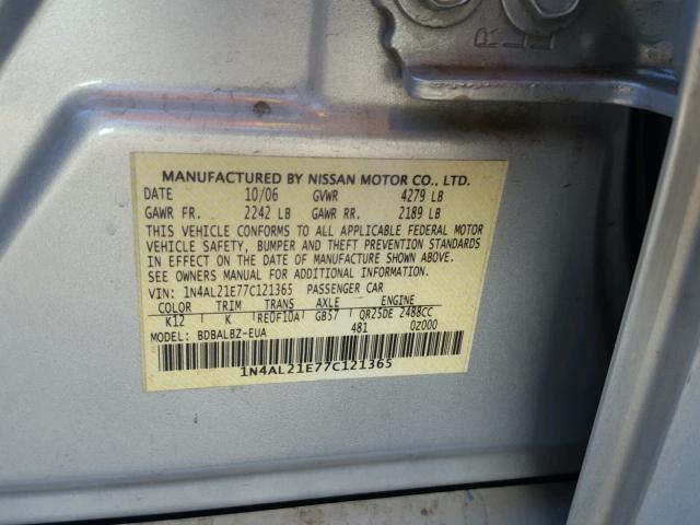 1N4AL21E77C121365 - 2007 NISSAN ALTIMA 2.5 SILVER photo 10