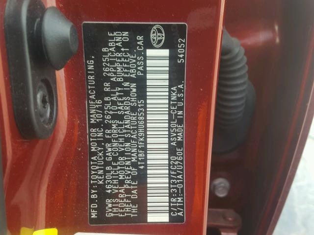 4T1BF1FK9HU685315 - 2017 TOYOTA CAMRY LE RED photo 10