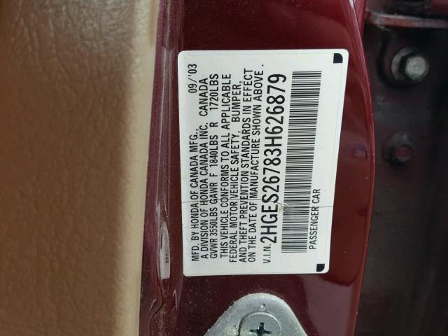 2HGES26783H626879 - 2003 HONDA CIVIC EX MAROON photo 10