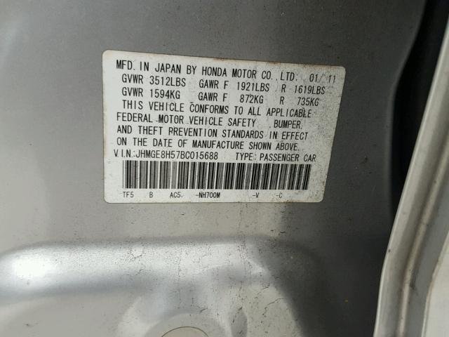 JHMGE8H57BC015688 - 2011 HONDA FIT SPORT SILVER photo 10