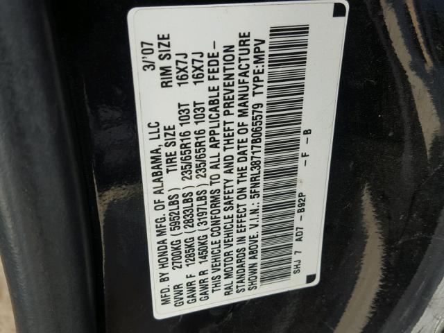 5FNRL38717B065579 - 2007 HONDA ODYSSEY EX BLACK photo 10