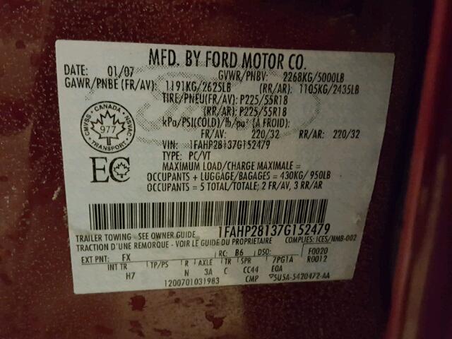 1FAHP28137G152479 - 2007 FORD FIVE HUNDR RED photo 10