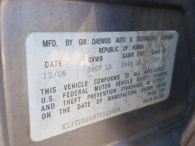 KL1TD56697B123926 - 2007 CHEVROLET AVEO BASE Մոխրագույն լուսանկար 10