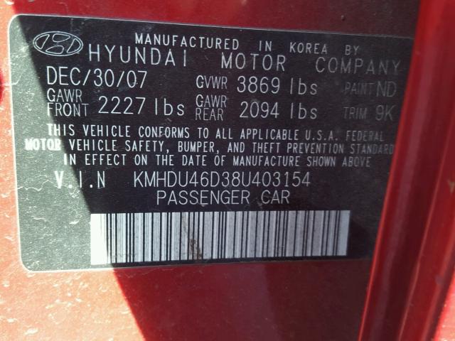 KMHDU46D38U403154 - 2008 HYUNDAI ELANTRA GL RED photo 10