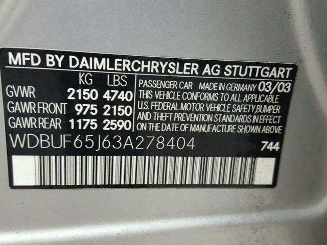 WDBUF65J63A278404 - 2003 MERCEDES-BENZ E 320 SILVER photo 10