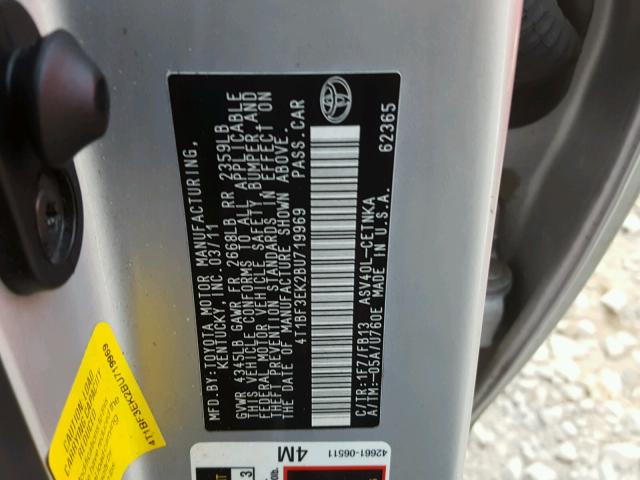 4T1BF3EK2BU719969 - 2011 TOYOTA CAMRY BASE SILVER photo 10