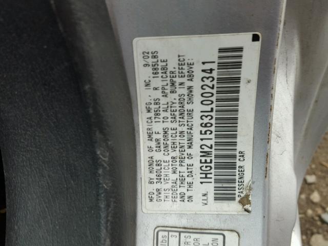 1HGEM21563L002341 - 2003 HONDA CIVIC LX SILVER photo 10