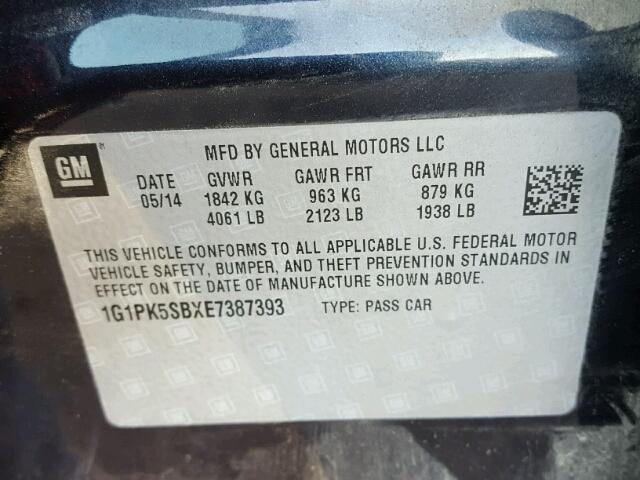 1G1PK5SBXE7387393 - 2014 CHEVROLET CRUZE LT BLACK photo 10