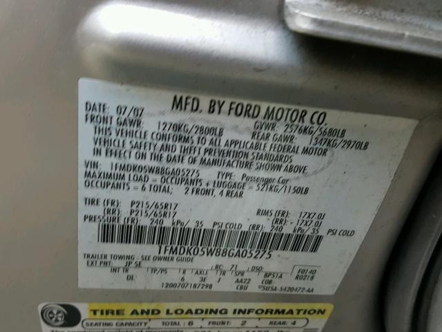 1FMDK05W88GA05275 - 2008 FORD TAURUS X S GRAY photo 10