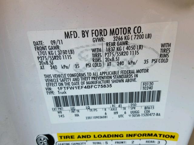 1FTFW1EF4BFC75835 - 2011 FORD F150 SUPER WHITE photo 10