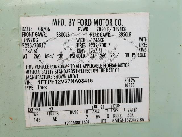 1FTPF12V27NA08416 - 2007 FORD F150 GREEN photo 10