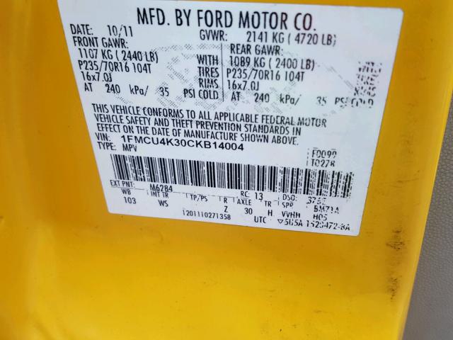 1FMCU4K30CKB14004 - 2012 FORD ESCAPE HYB YELLOW photo 10