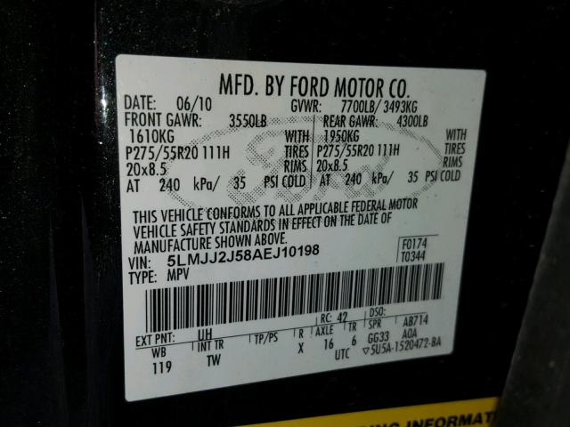 5LMJJ2J58AEJ10198 - 2010 LINCOLN NAVIGATOR 黑色 照片 10