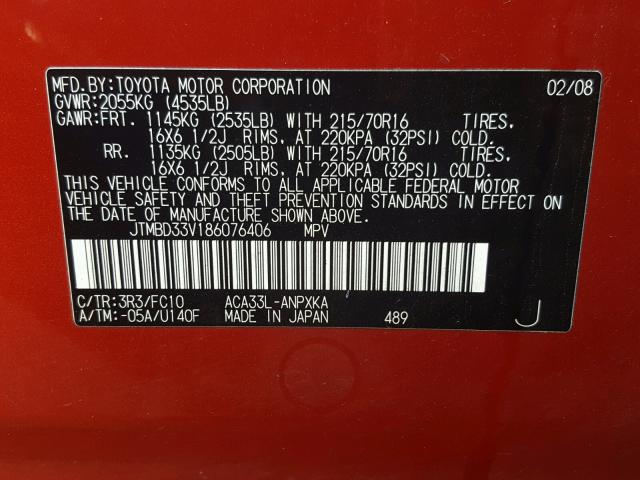 JTMBD33V186076406 - 2008 TOYOTA RAV4 RED photo 10