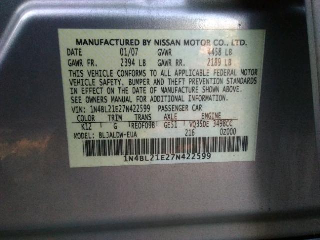 1N4BL21E27N422599 - 2007 NISSAN ALTIMA 3.5 SILVER photo 10