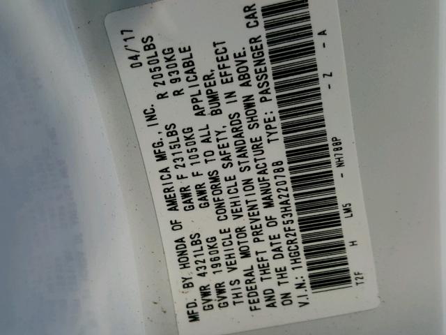 1HGCR2F53HA220788 - 2017 HONDA ACCORD SPO WHITE photo 10