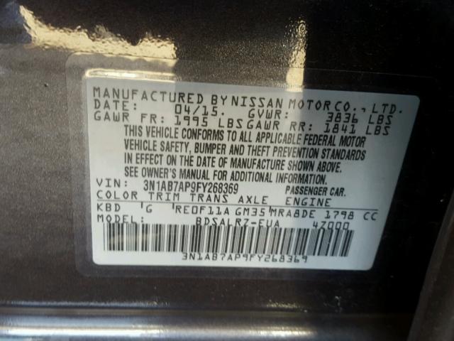 3N1AB7AP9FY268369 - 2015 NISSAN SENTRA S GRAY photo 10