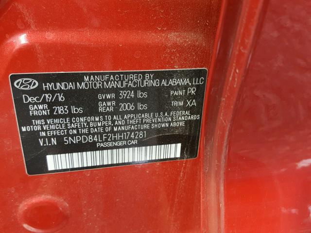 5NPD84LF2HH174281 - 2017 HYUNDAI ELANTRA SE RED photo 10