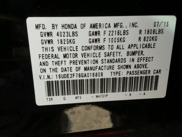 19UDE2F76GA016809 - 2016 ACURA ILX PREMIU BLACK photo 10