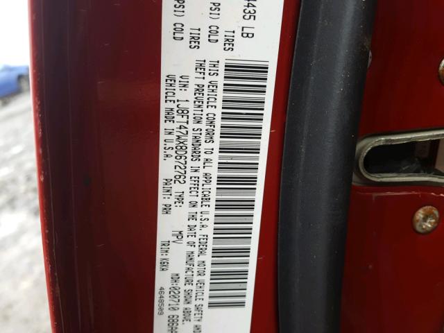 1J8FT47WX8D672762 - 2008 JEEP COMPASS SP RED photo 10