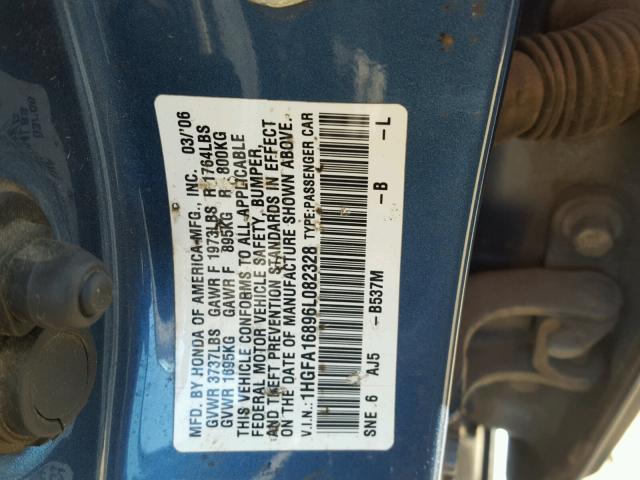 1HGFA16896L082328 - 2006 HONDA CIVIC EX BLUE photo 10